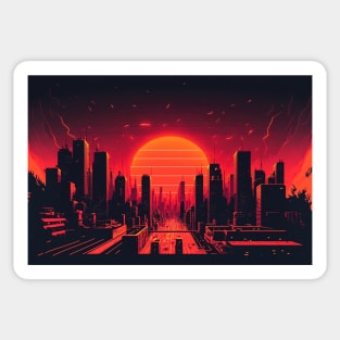 Scorching Synthwave Sun Dawning Over 80s City Sticker